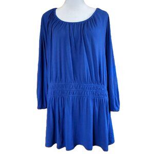 J. Jill Blue Cotton Modal 3/4 Sleeve Popover Tunic Top Women Sz LT Smocked Waist